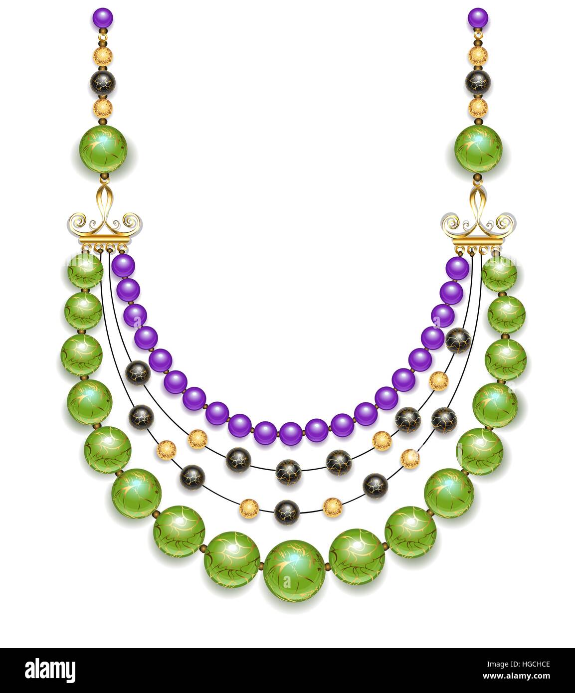Necklace of green, black and purple fashion beads on a white background. Trendy Greenery. Design jewelry. Stock Vector