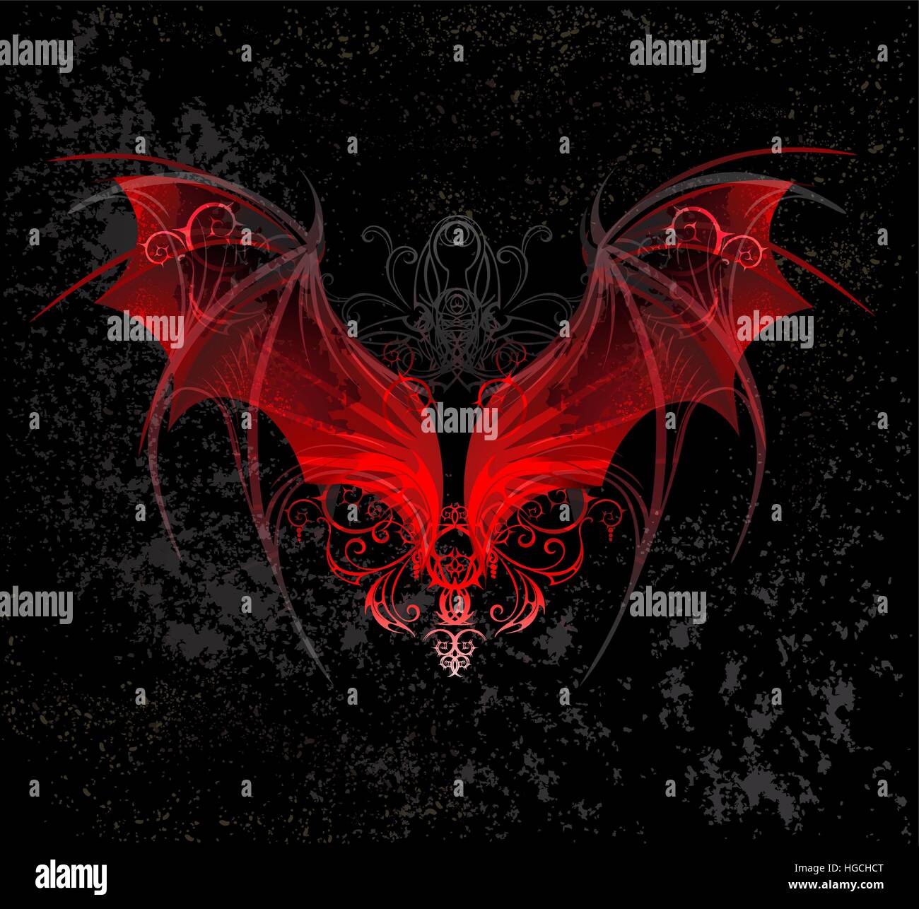 Red Dragon wings, decorated with a pattern on a black textural background. Stock Vector