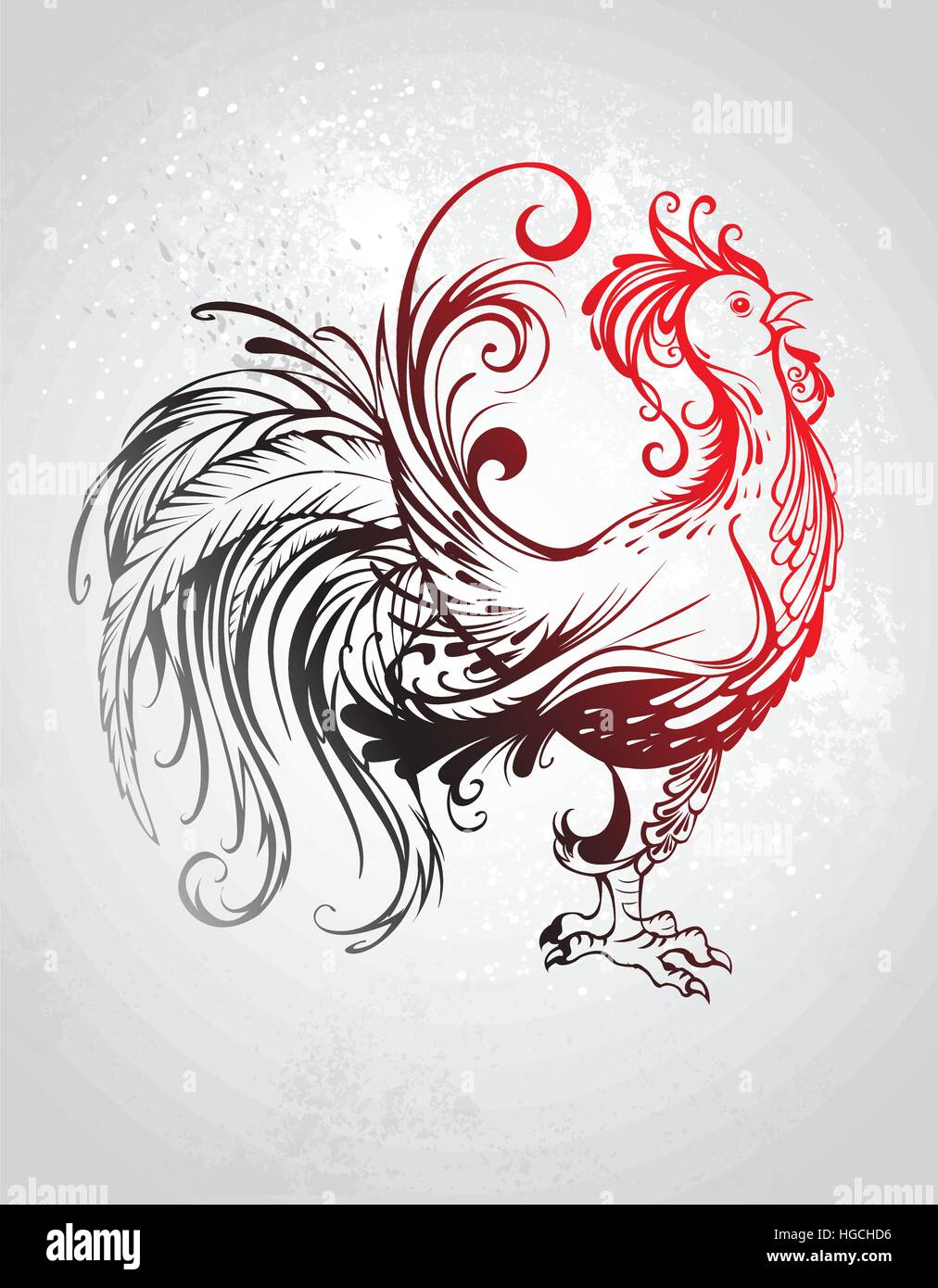 artistically painted red rooster with a black tail with a gray background. Stock Vector