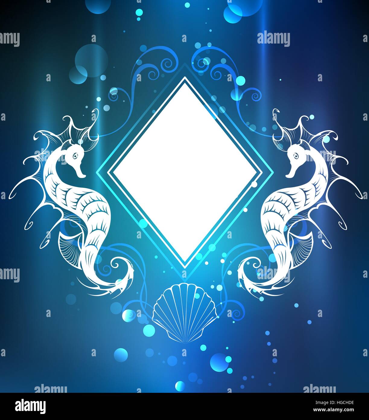 White banner in the shape of a rhombus with sea horses on the sea, blue background. Stock Vector