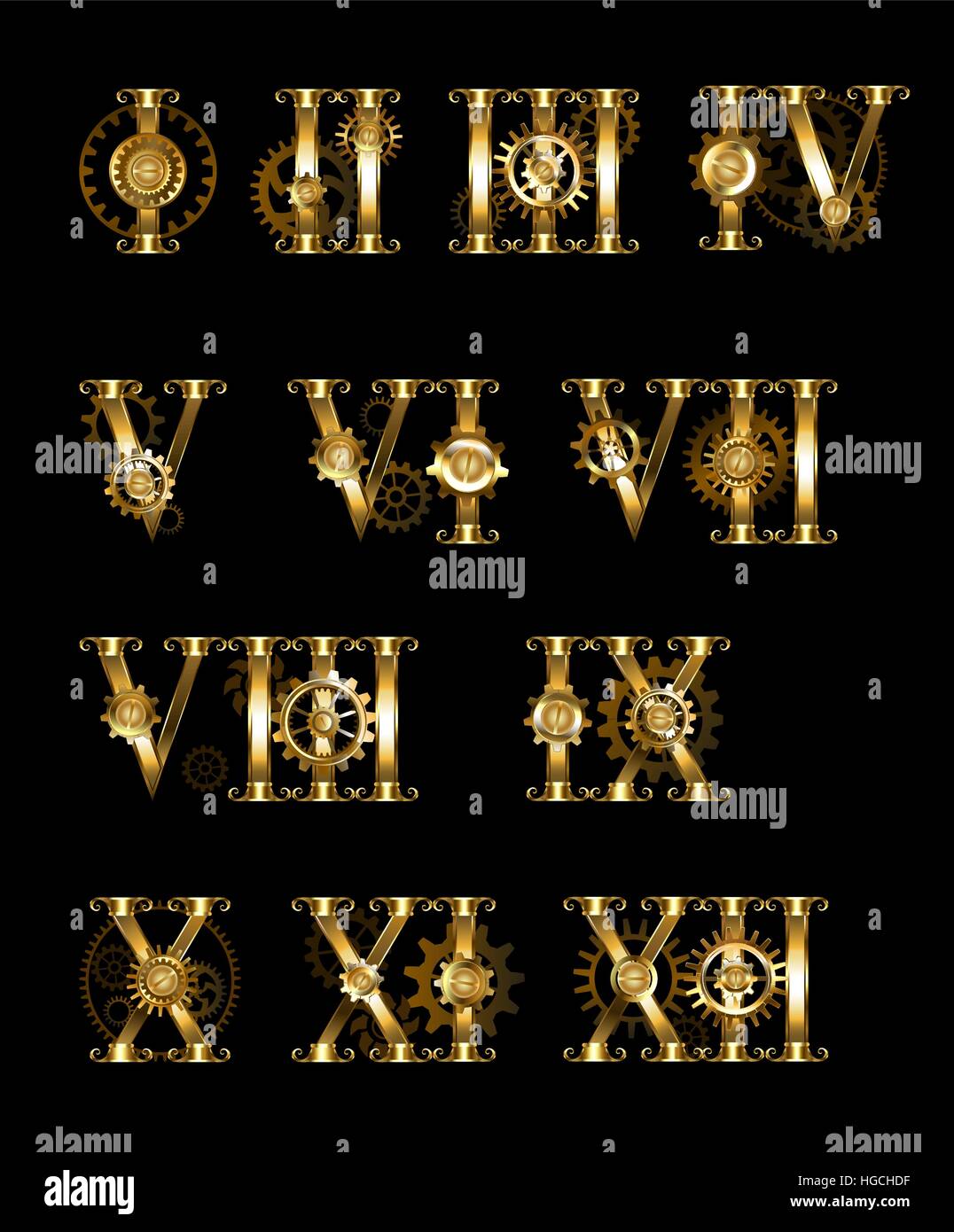 Set of gold, jewelry, isolated Roman numerals set with gears on a black background. Steampunk. Design with golden gears. Gothic style. Stock Vector