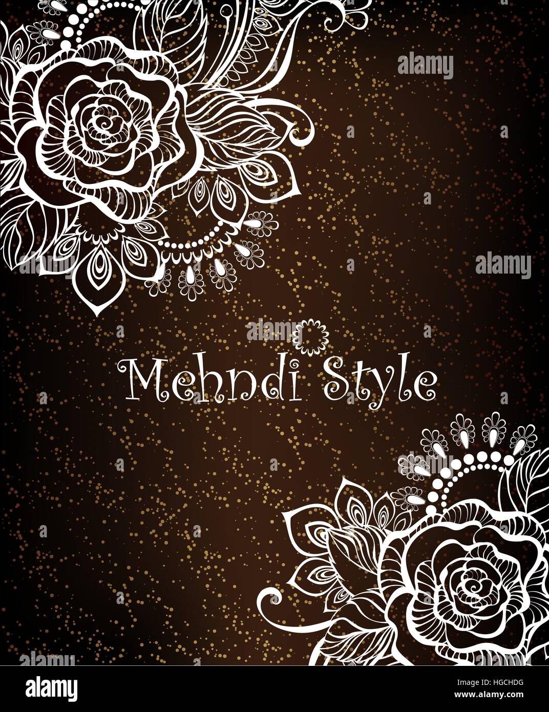 design with rose, henna painted white on a dark brown background Stock Vector