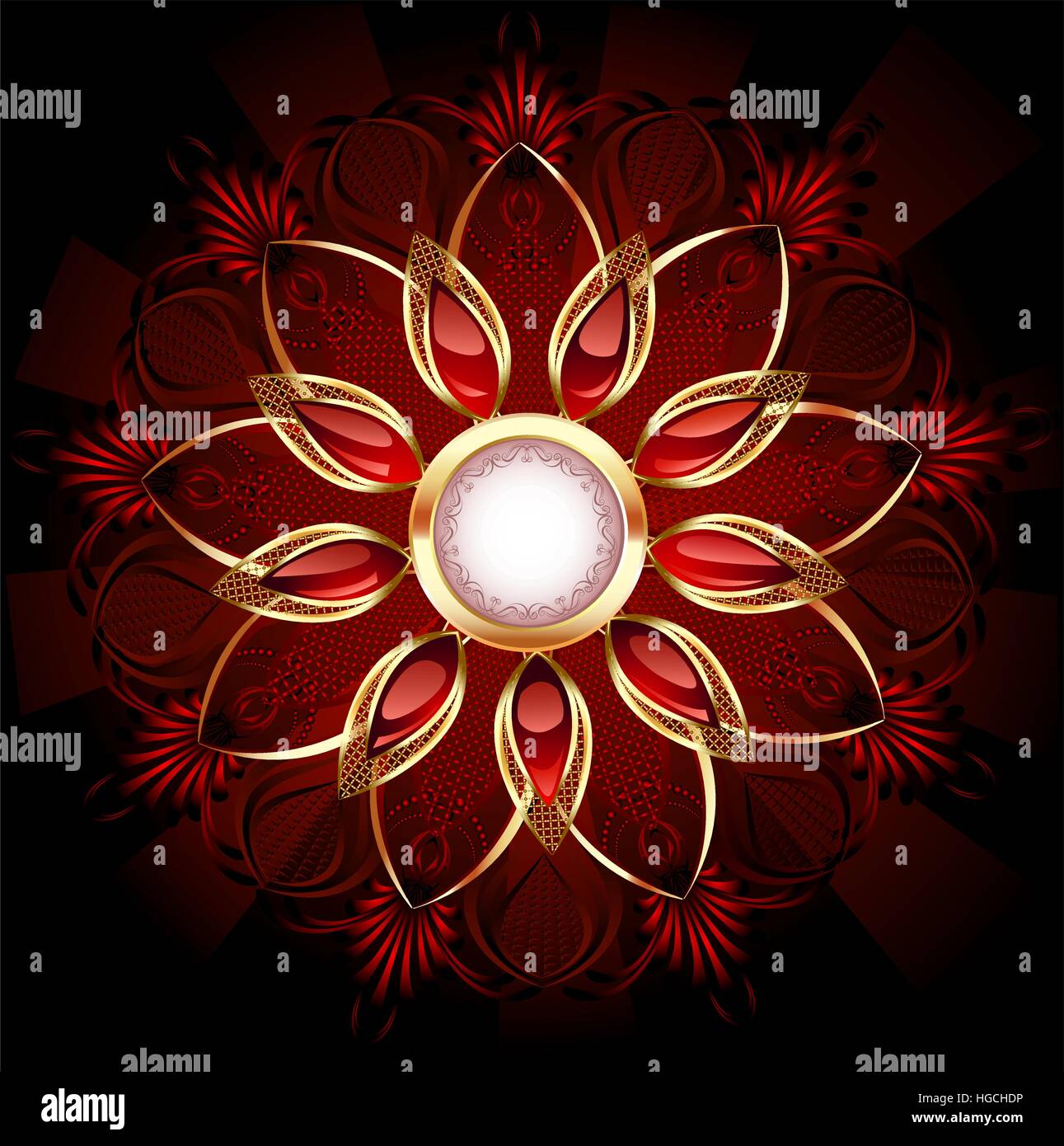 Round banner decorated with abstract flower jewelry with red, smooth rubies. Stock Vector