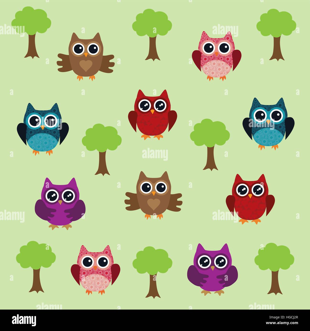 vector illustration of fun owls and trees background Stock Vector