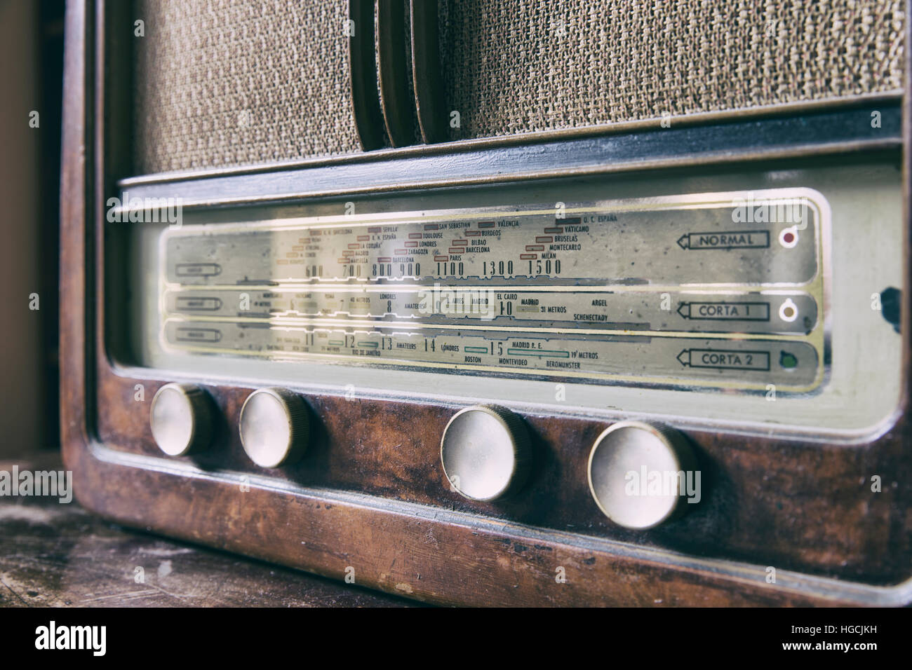 Obsolete radio in wooden case. Horizontal indoors shot Stock Photo Alamy