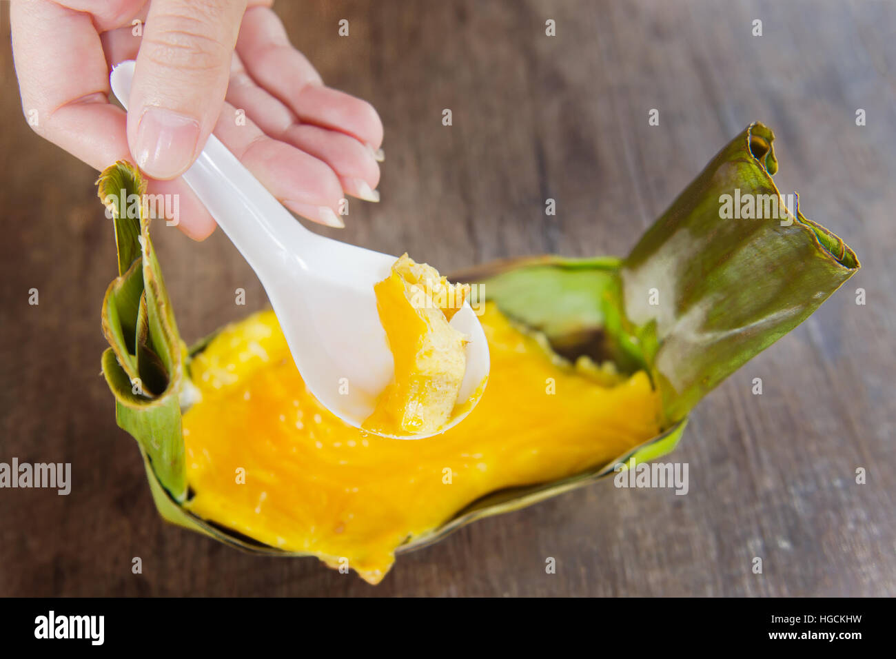 Grilled omelet or egg omelette on banana leaf (traditionally named as Khai Parm, Khai pam or Ogg Khai) traditional thai food northern style which is m Stock Photo