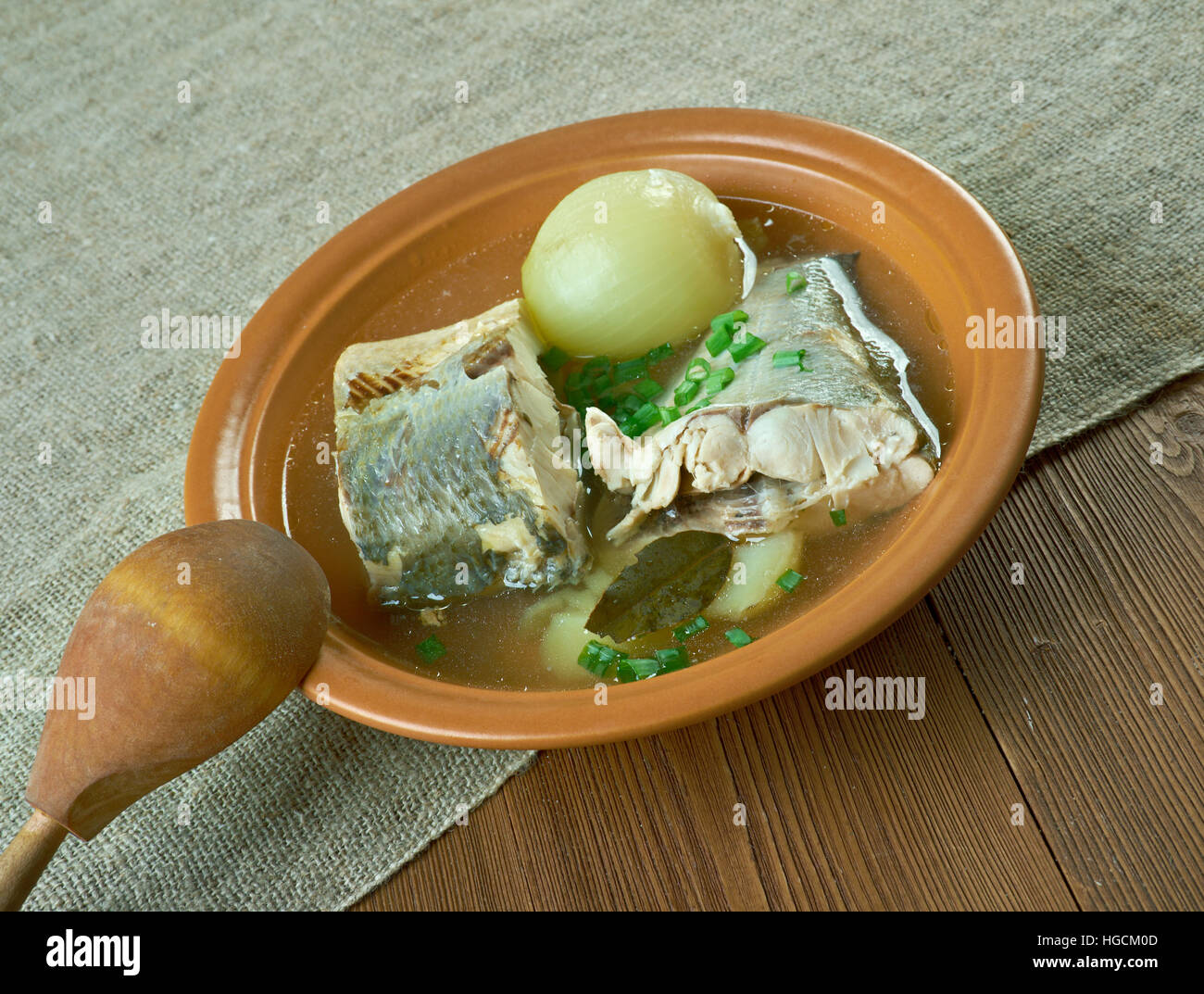 Siberian fish soup of omul (Coregonus autumnalis). Stock Photo
