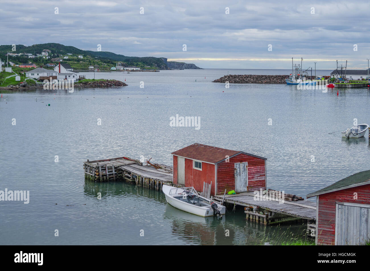 Little red shack on a dock in the small village and community of Twillingate, Newfoundland. Stock Photo