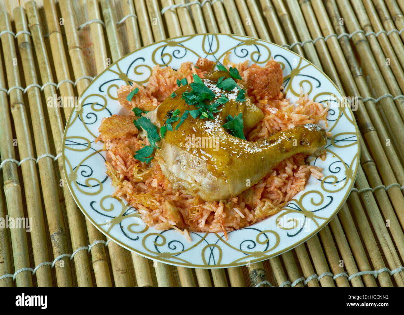 Egyptian Faatah Rice And chicken Meat With Crispy Bread On Bottom Stock Photo