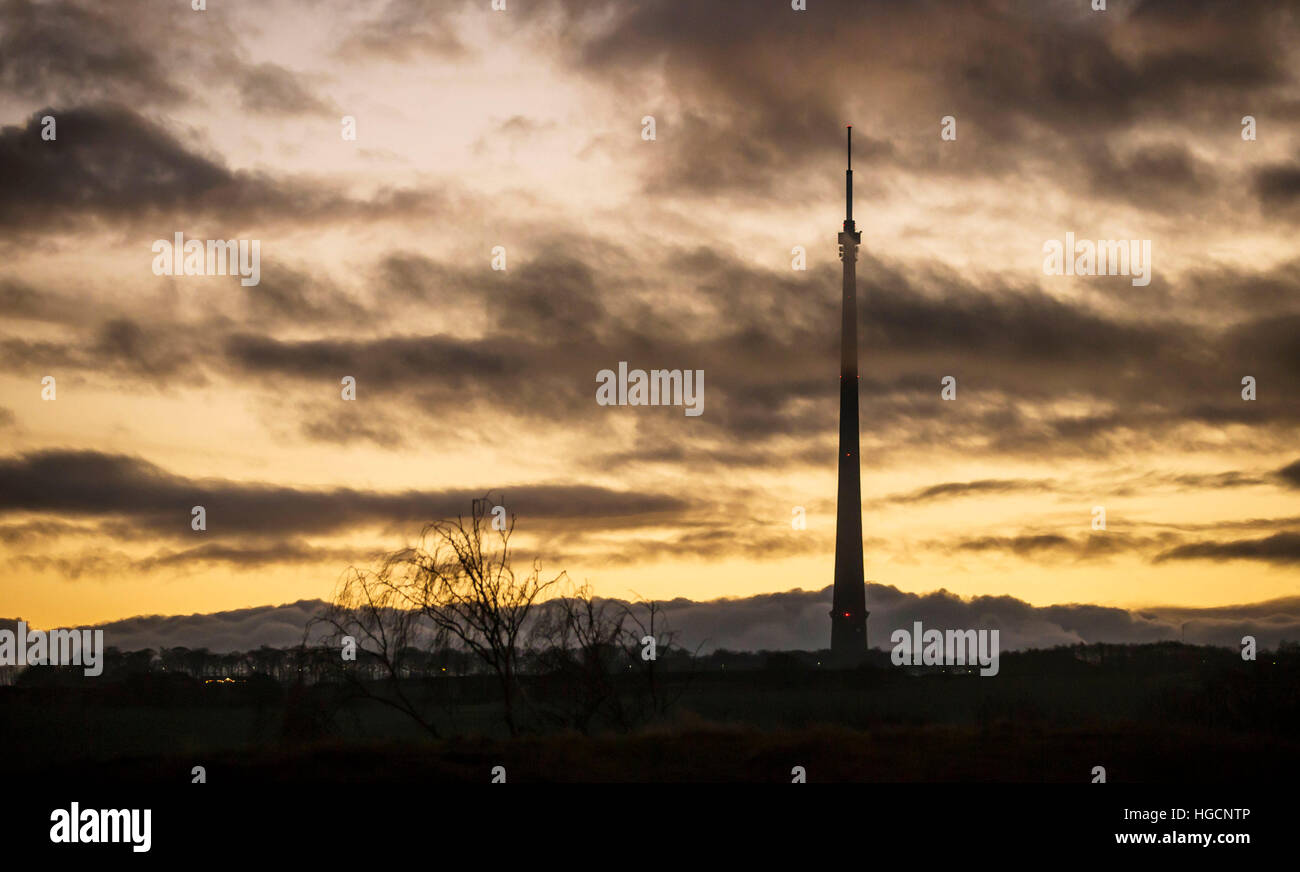 Sunset near Emley Moor transmitting station, a telecommunications and broadcasting facility on Emley Moor in Kirklees, West Yorkshire. Stock Photo