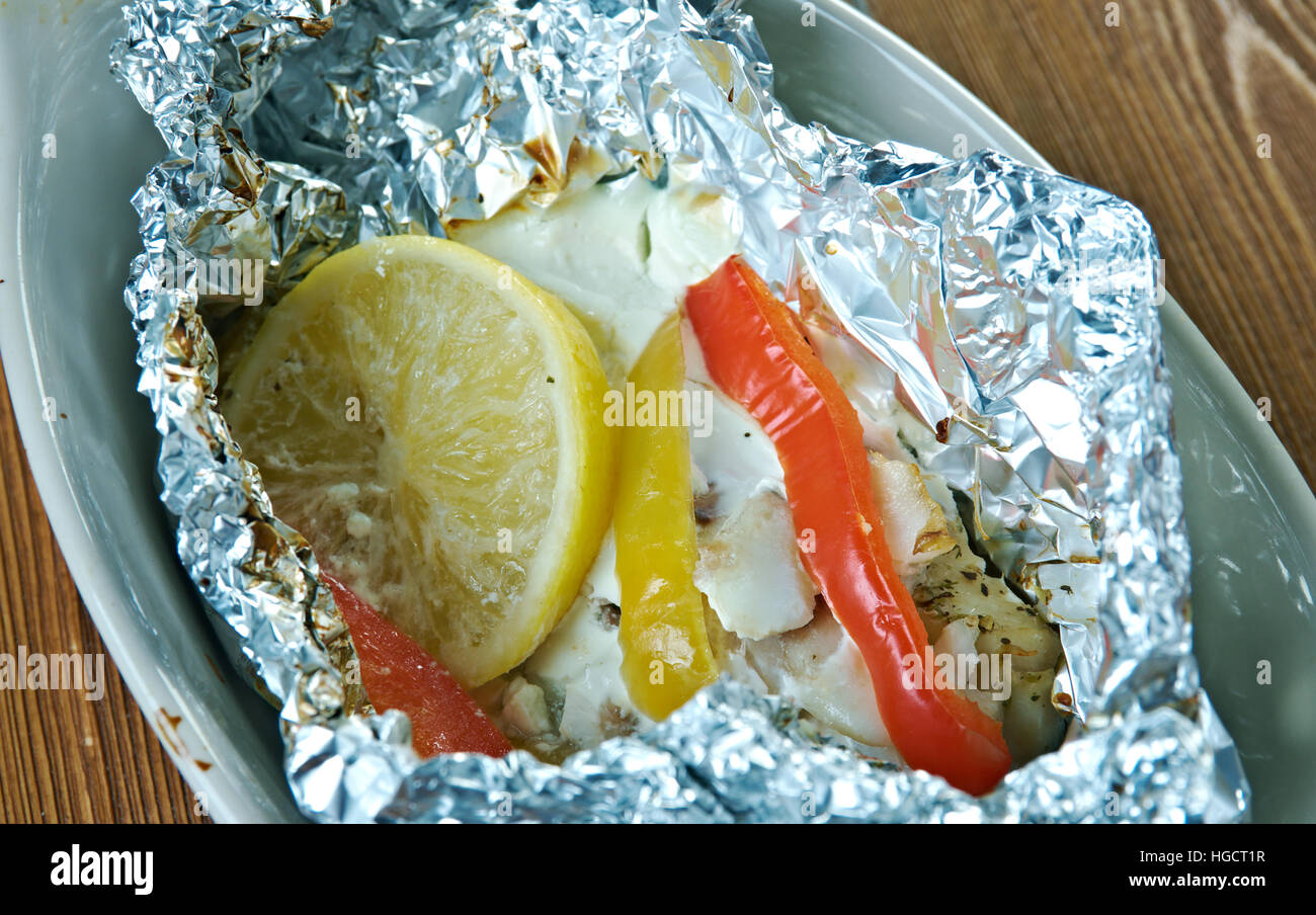 Homemade Jamaican coconut fish parcels.Caribbean cuisine Stock Photo