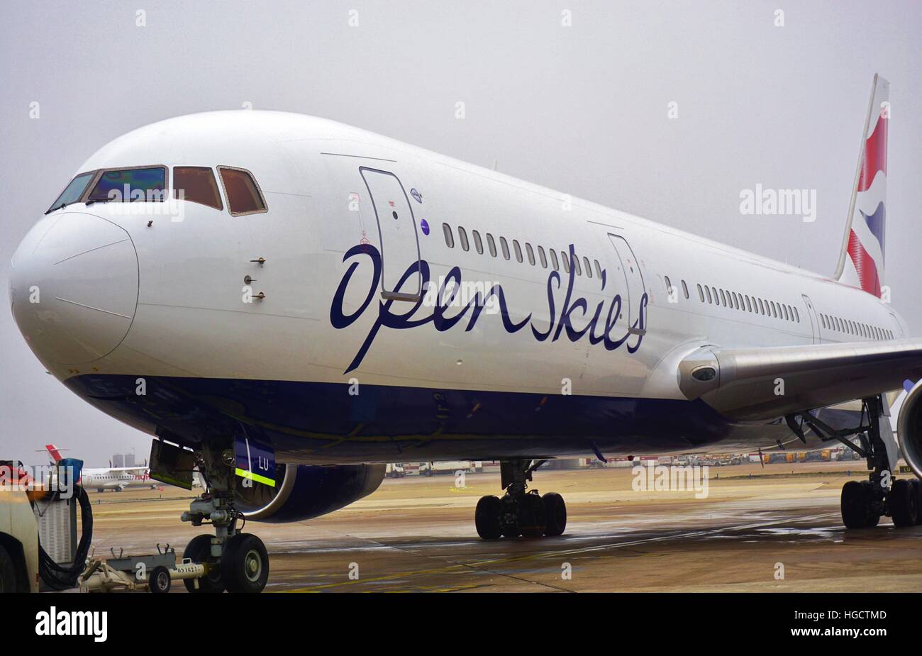 An Open Skies (EC) Boeing 767 airplane at Orly Airport (ORY), located south of Paris. Open Skies belongs to British Airways (BA) Stock Photo