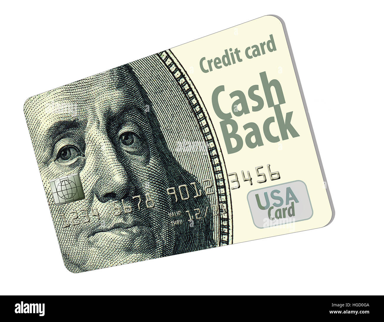 Cash Back Card. Ben Franklin from a one-hundred dollar bill decorates this mock, generic credit card that offers cash back to us Stock Photo