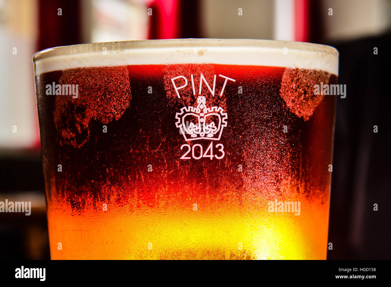 A pint glass etched with the Crown stamp rather than the European CE marking, as Ukip MEP Bill Etheridge has backed calls for the return of traditional Crown stamps on Britain&Otilde;s pint glasses - a decade after they began to disappear in favour of an EU-wide &Ograve;European Conformity&Oacute; mark. Stock Photo