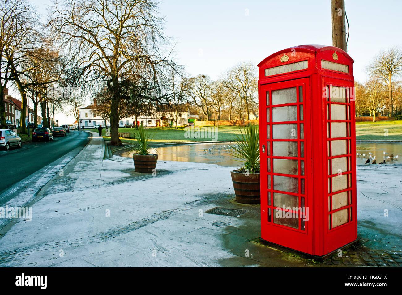 Norton Green Telephone Box and duck pond, Norton on Tees, Cleveland Stock Photo