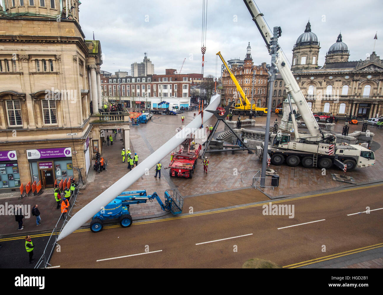 Art work Blade, a 250ft-long (75m) wind turbine, commissioned from multimedia artist Nayan Kulkarni and created by workers at the Siemens factory in Hull, is installed at Queen Victoria Square in Hull. Stock Photo