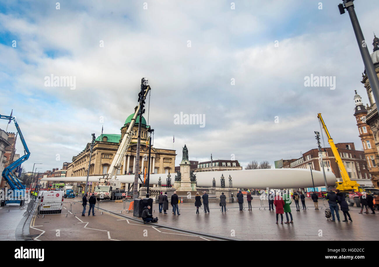 Art work Blade, a 250ft-long (75m) wind turbine, commissioned from multimedia artist Nayan Kulkarni and created by workers at the Siemens factory in Hull, is installed at Queen Victoria Square in Hull. Stock Photo