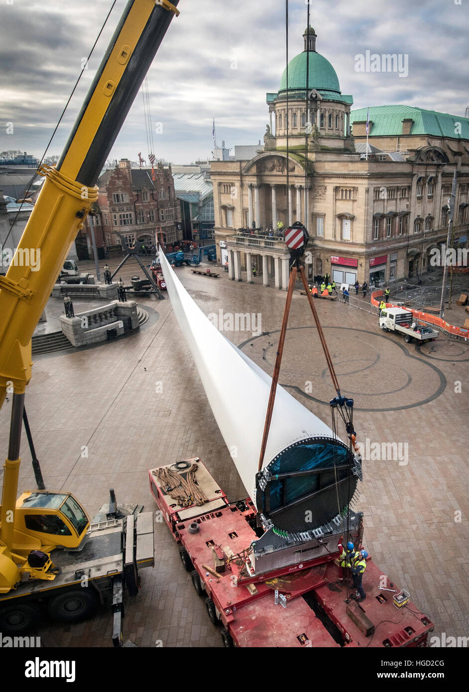 Art work Blade, a 250ft-long (75m) wind turbine, commissioned from multimedia artist Nayan Kulkarni and created by workers at the Siemens factory in Hull, is installed at Queen Victoria Square in Hull. Stock Photo