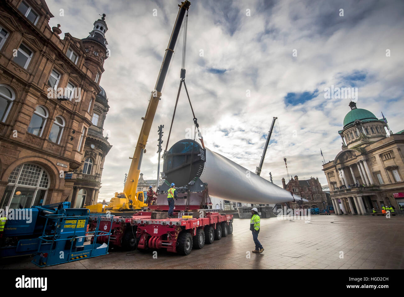 Art work Blade, a 250ft-long (75m) wind turbine, commissioned from multimedia artist Nayan Kulkarni and created by workers at the Siemens factory in Hull, is installed at Queen Victoria Square in Hull. Stock Photo