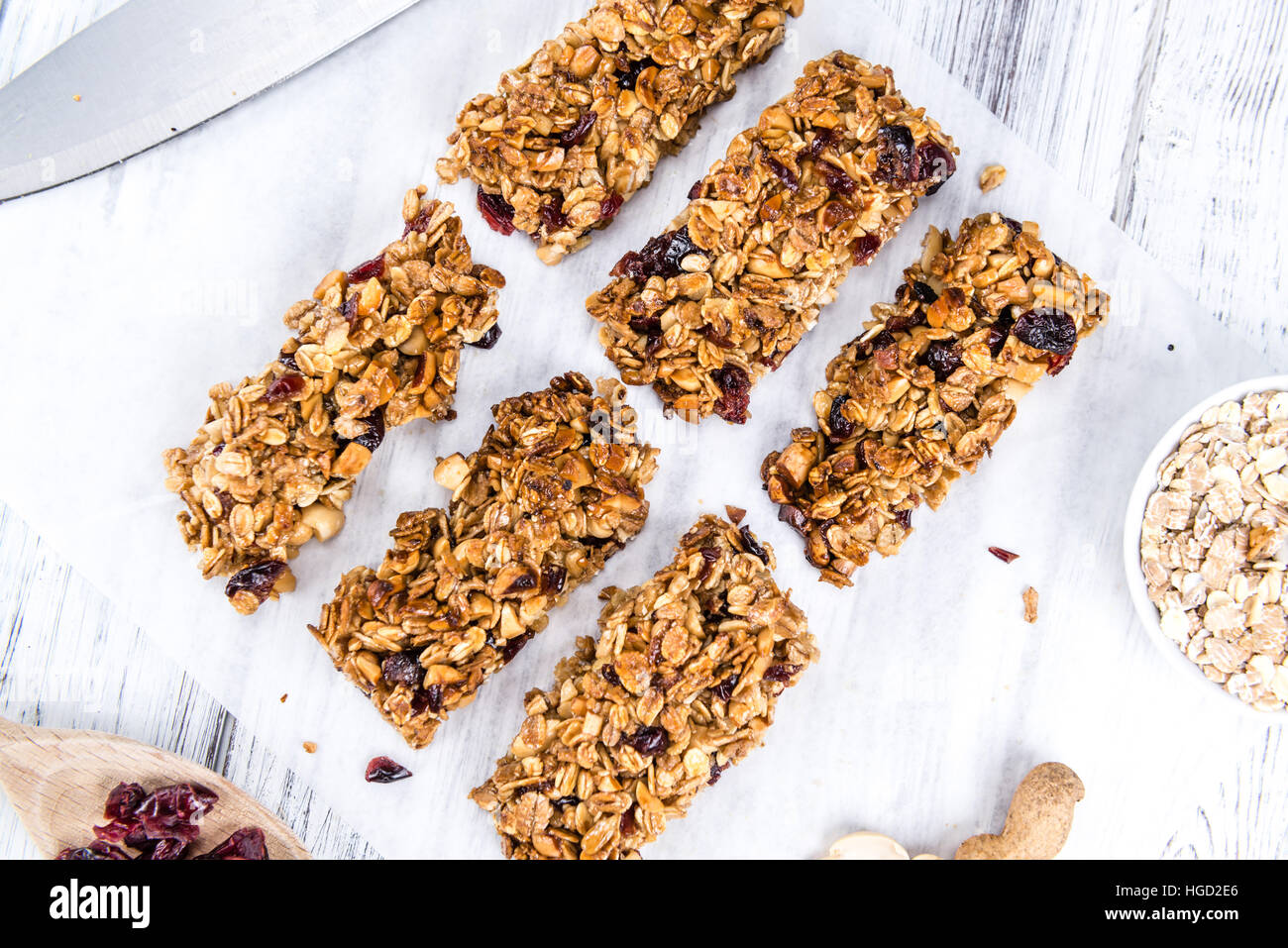 Homemade Granola Bars with Peanuts and Cranberries (selective focus) as