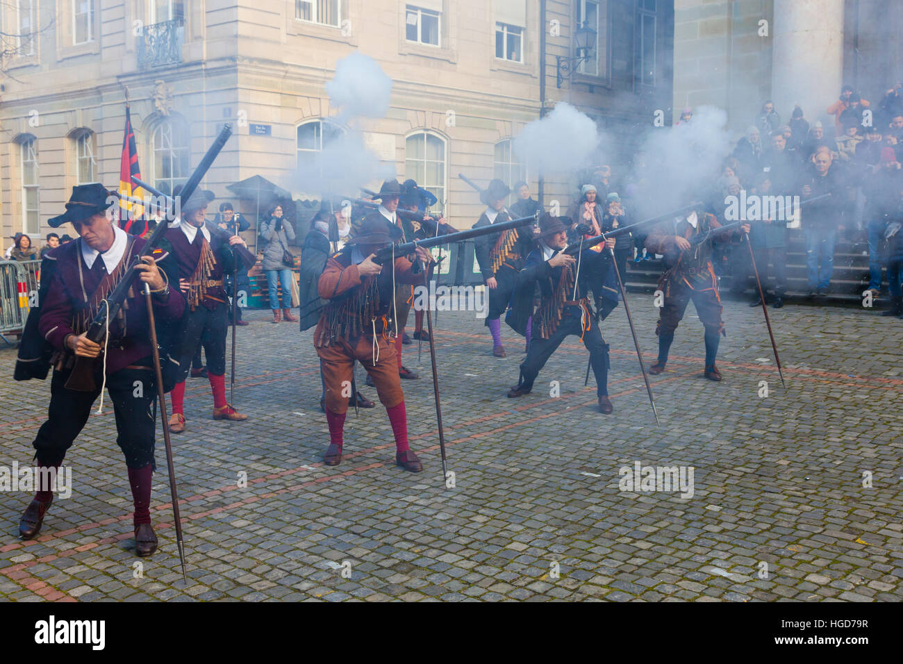 Musketeers firing their guns during Escalade celebrations Stock Photo