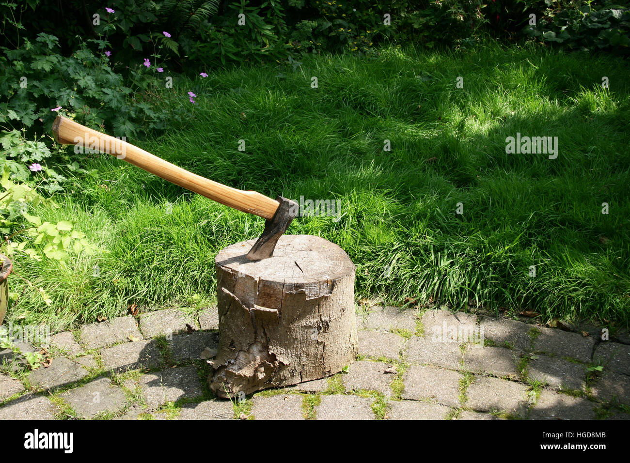 Chopping block with woodcleaver axe in a garden Stock Photo Alamy