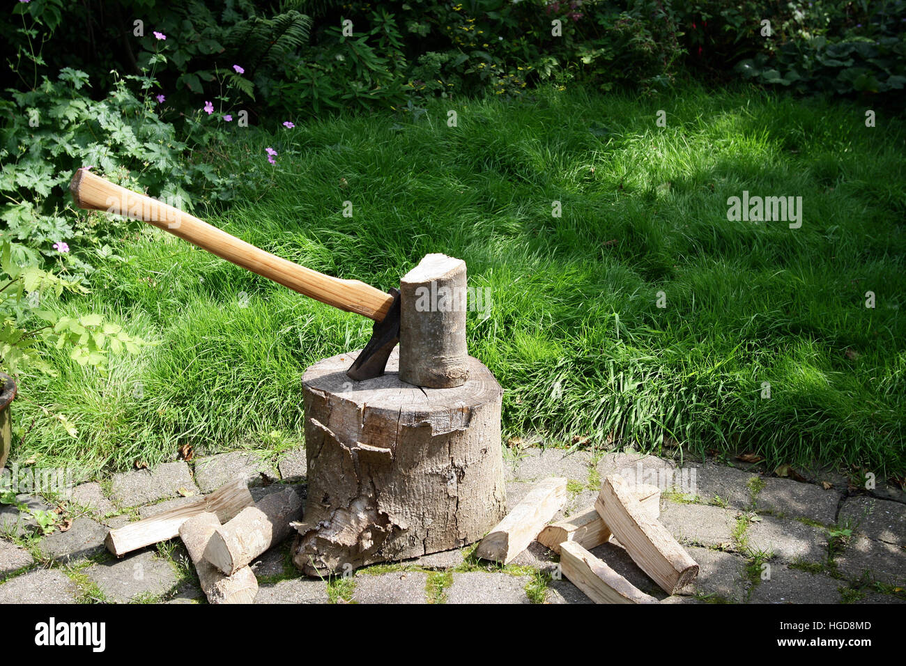 Chopping block with woodcleaver axe in a garden. Stock Photo