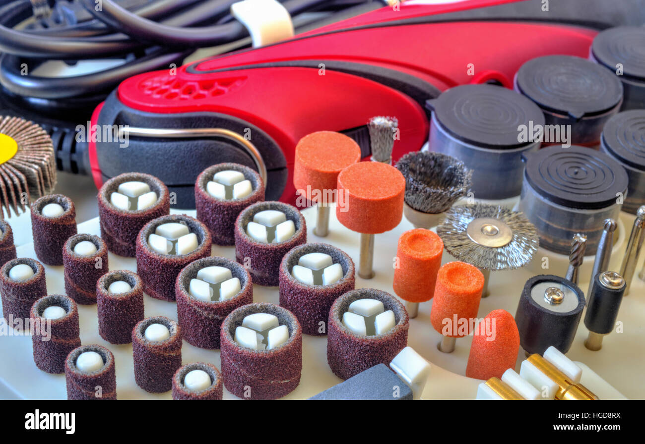 Winneconne, WI - 26 May 2018: Packages of Dremel tool accessories including  sanding, cutting wheels and tungsten carbid cutter for carving on an isol  Stock Photo - Alamy