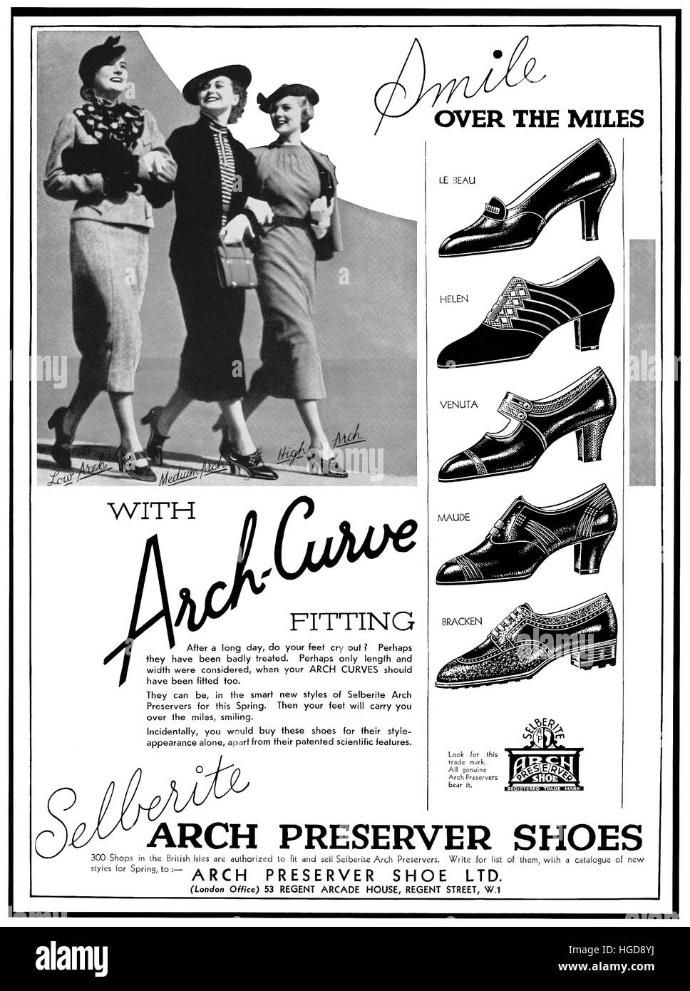 1937 British advertisement for Arch Preserver Shoes Stock Photo