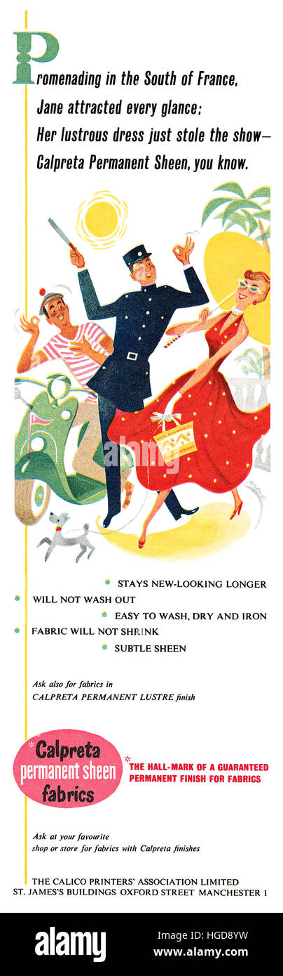1957 British advertisement for Calpreta Fabrics Stock Photo