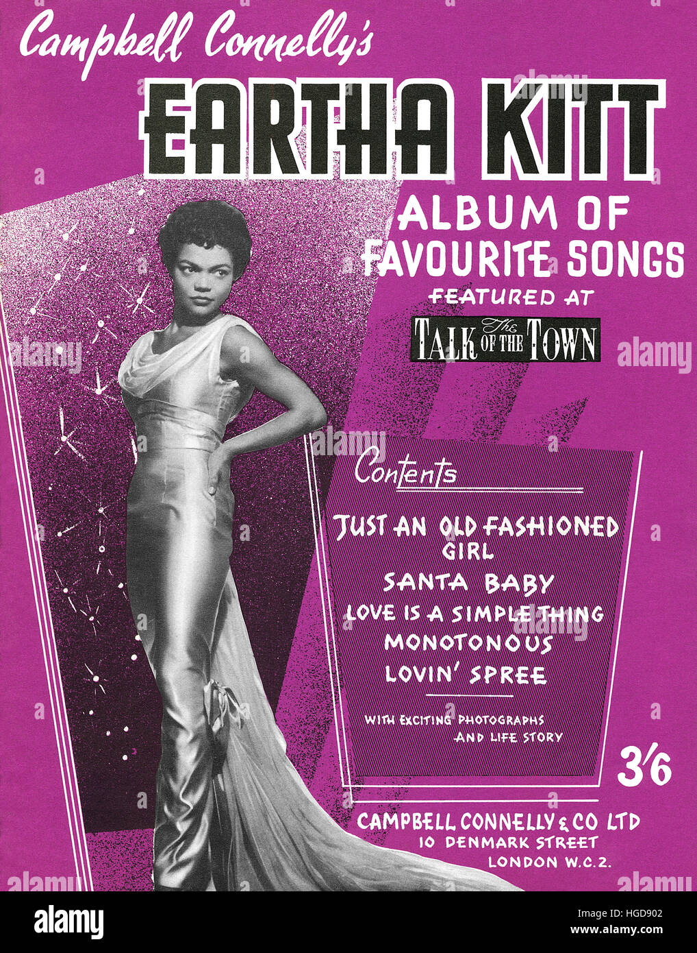 From cover of a 1950s sheet music album of Eartha Kitt songs published by Campbell Connelly Stock Photo