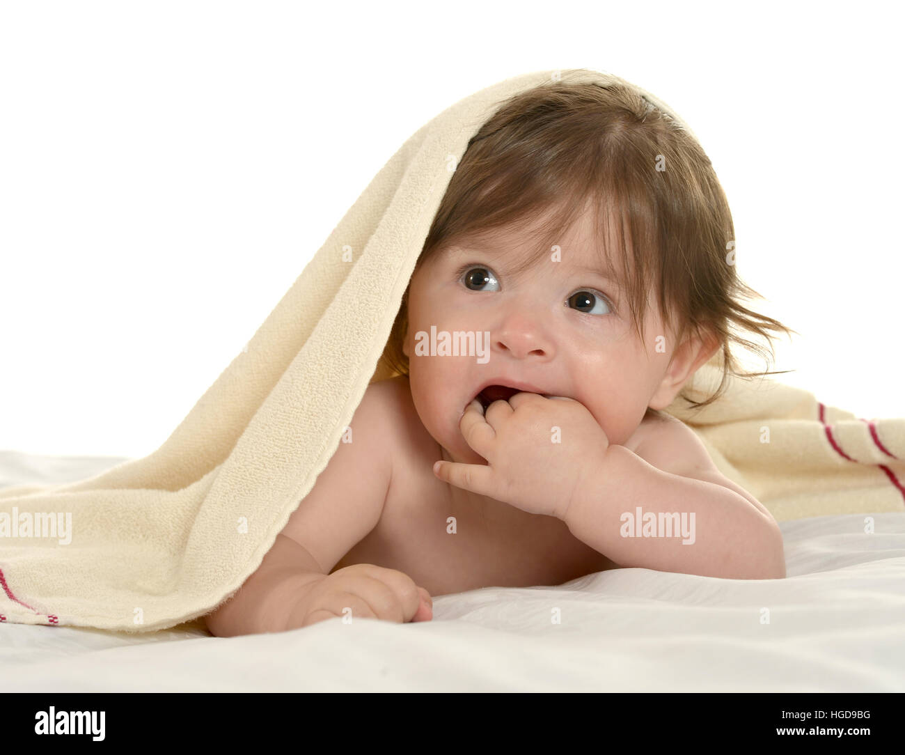 Baby girl lying under blanket Stock Photo Alamy