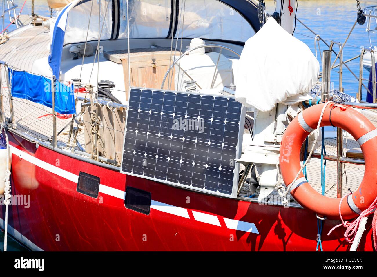 Solar panel on the side of a yacht in the harbour, Chania, Crete, Greece, Europe. Stock Photo