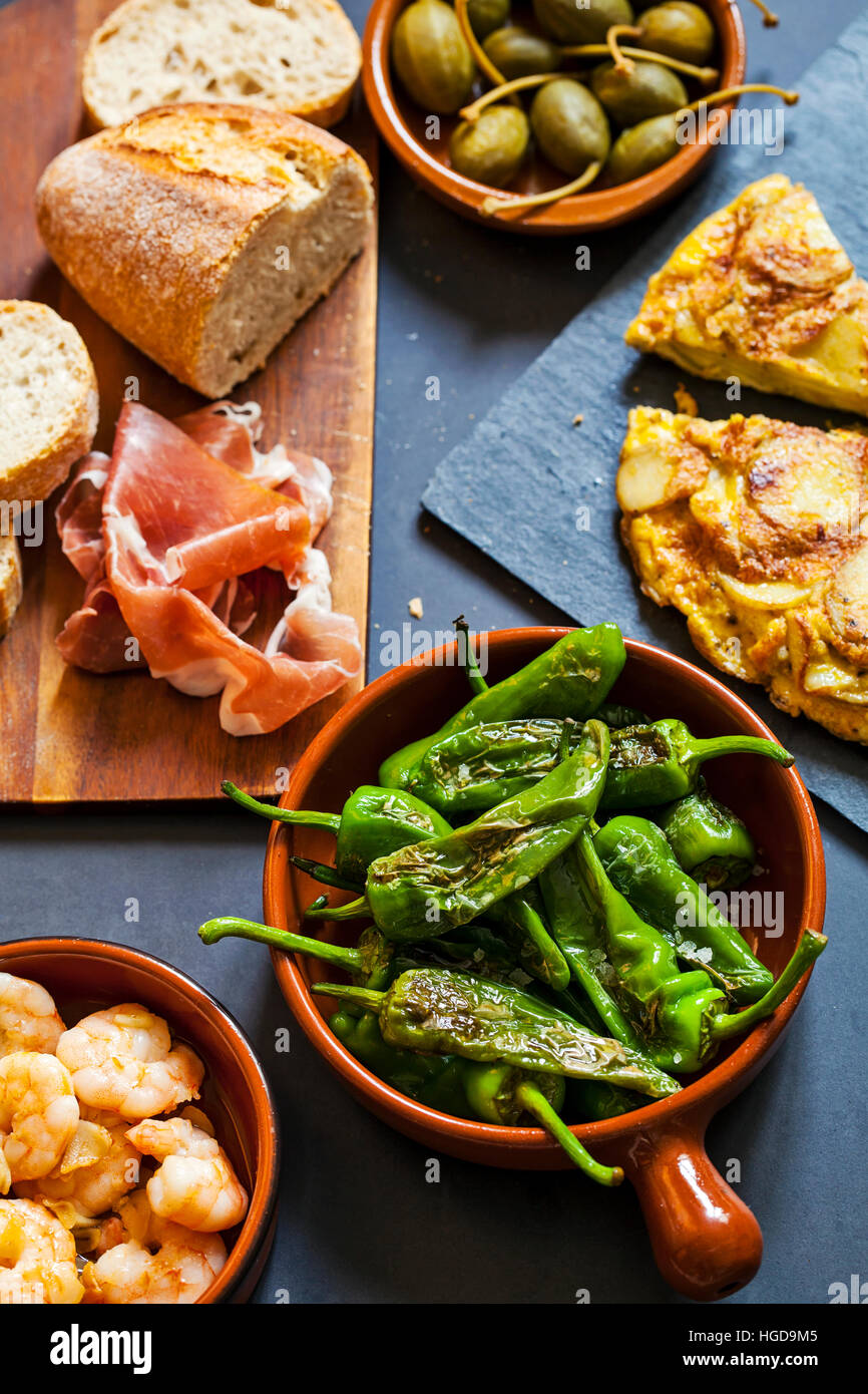 Authentic Spanish tapas with padron peppers, garlic prawns and