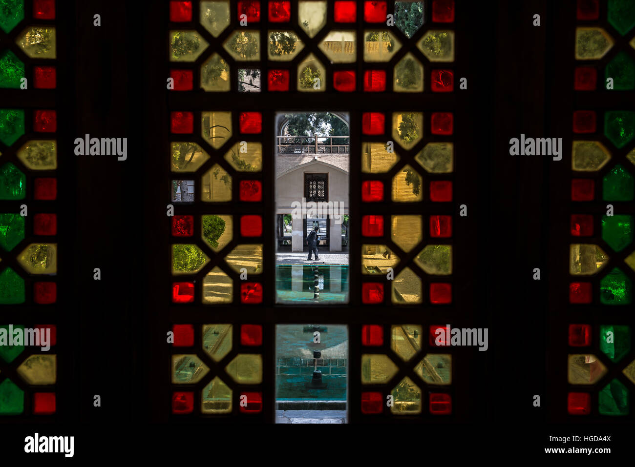 stained glass window in oldest extant Persian garden in Iran called Fin