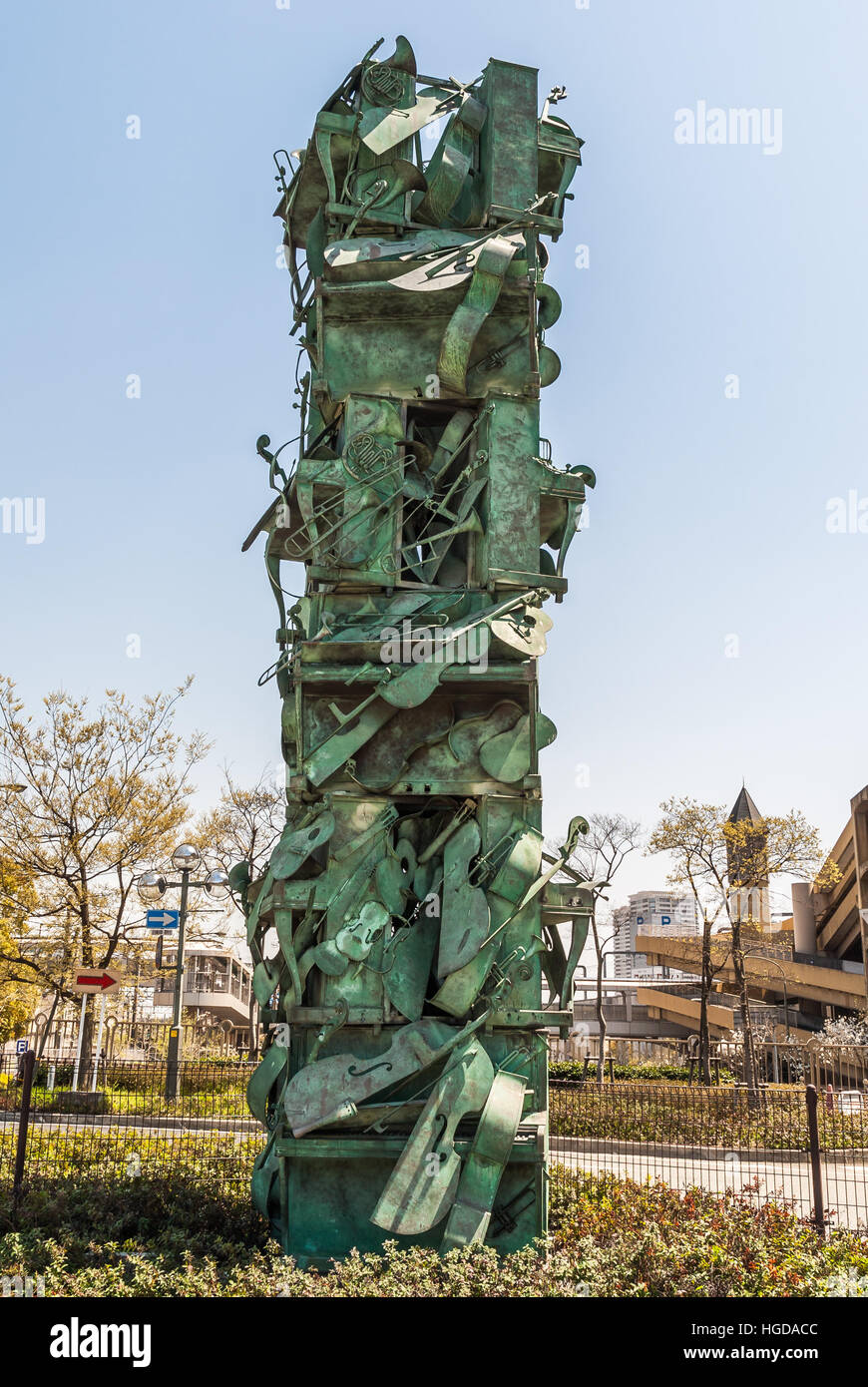 Metal musical instruments sculpture, outside Takarazuka station, japan