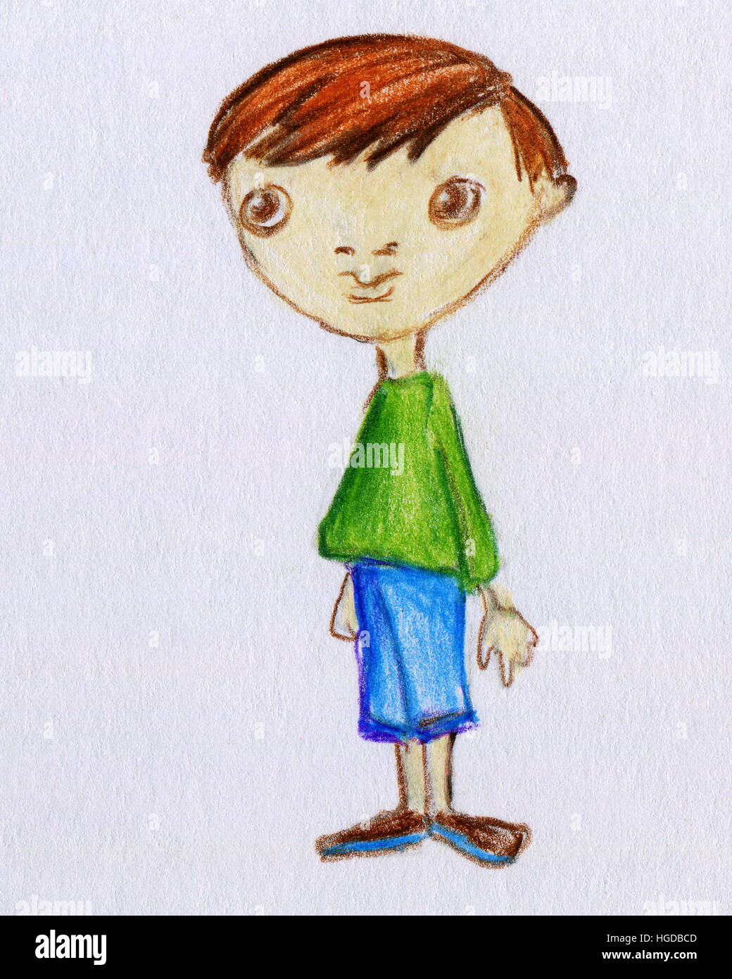 Hand painted cute little boy with green shirt on paper texture. Pencil drawing Stock Photo