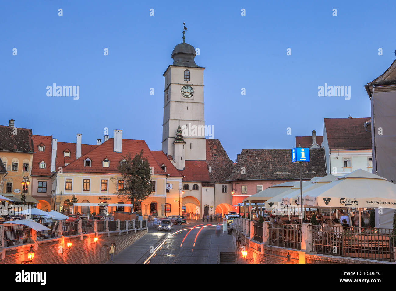 Romania, Sibiu City, Mica square, Sfatului Tower Stock Photo