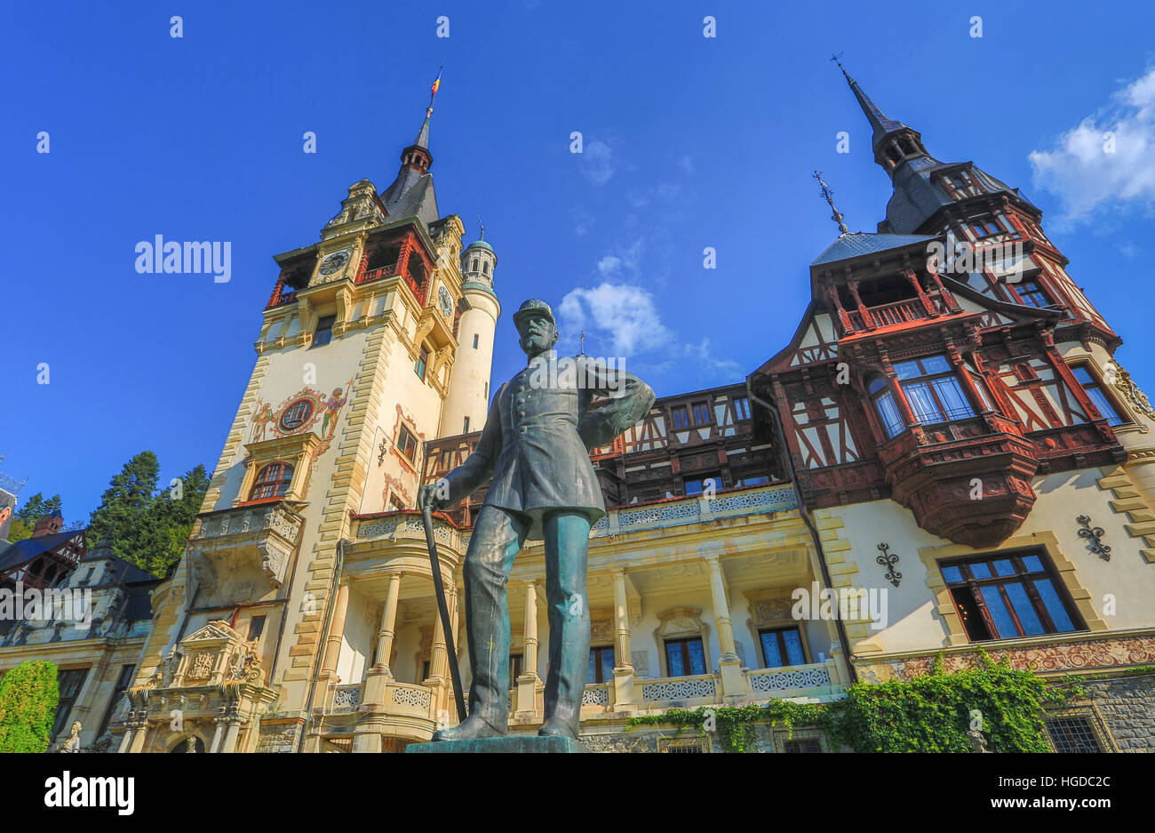 Romania, Prahova, Sinaia City, Peles Castle, Carol I statue, Stock Photo