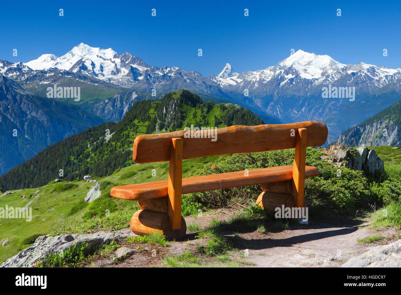 Swiss Alps, bench, seat, with Mischabel, Matterhorn, Weisshorn, Valais, Switzerland Stock Photo