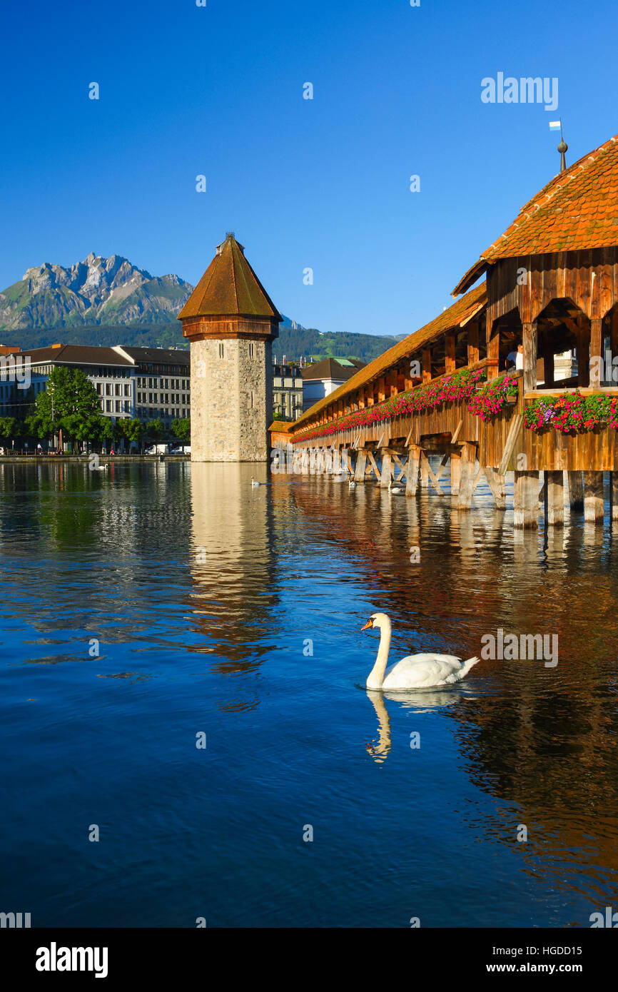 Chapel Bridge and view of Pilatus, Lucerne, Switzerland