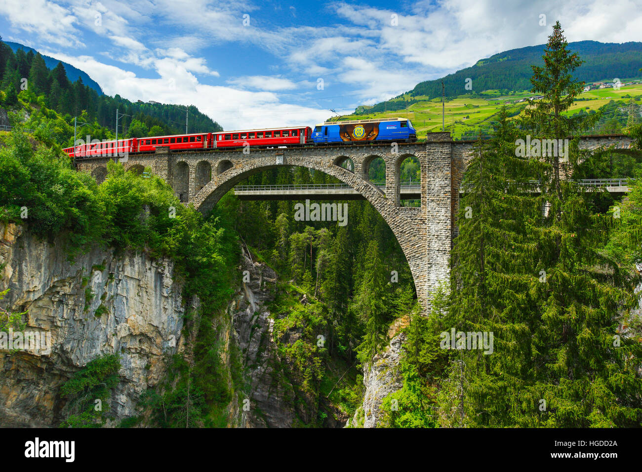 Train on bridge in Solis, Grisons, Switzerland Stock Photo