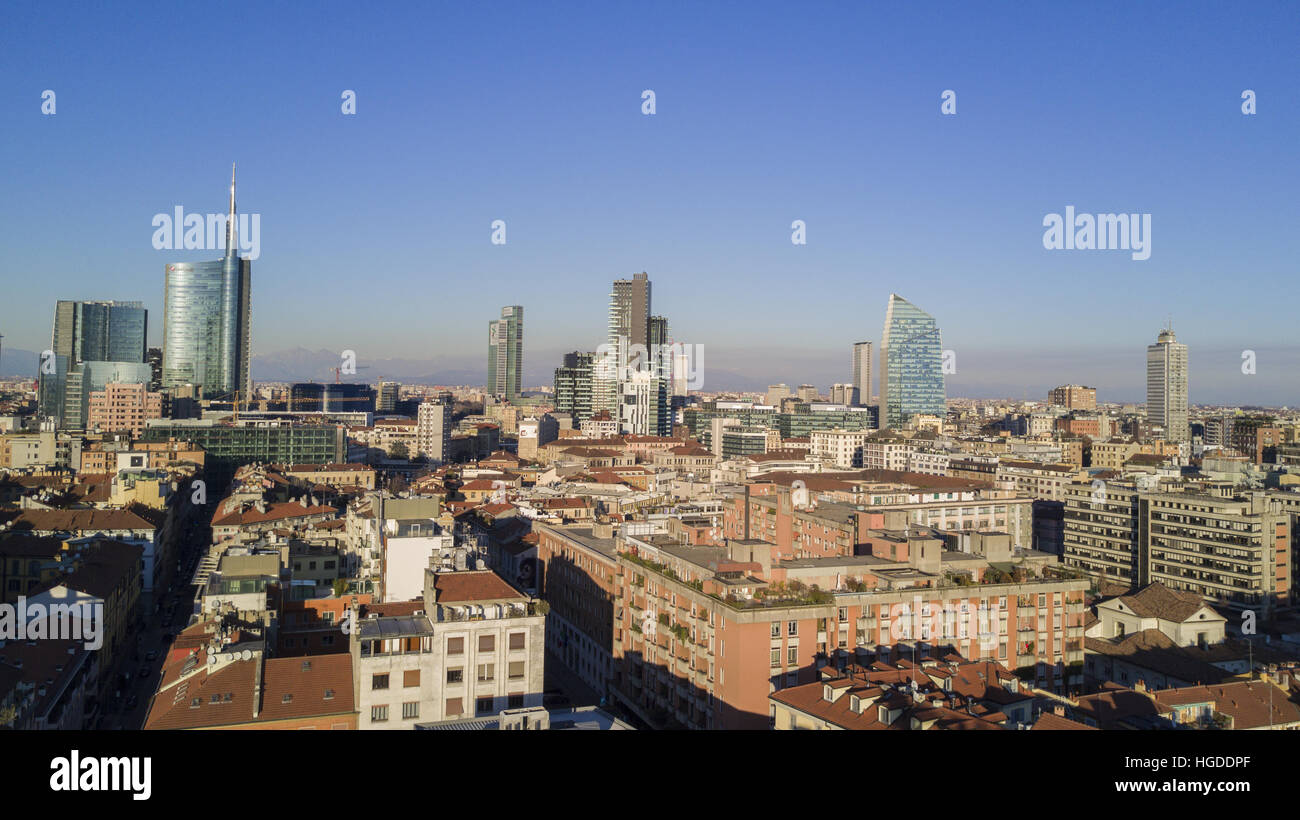 Aerial view of the center of Milan, from Brera district. Unicredit Tower, Solaria tower, Palazzo Lombardia Stock Photo