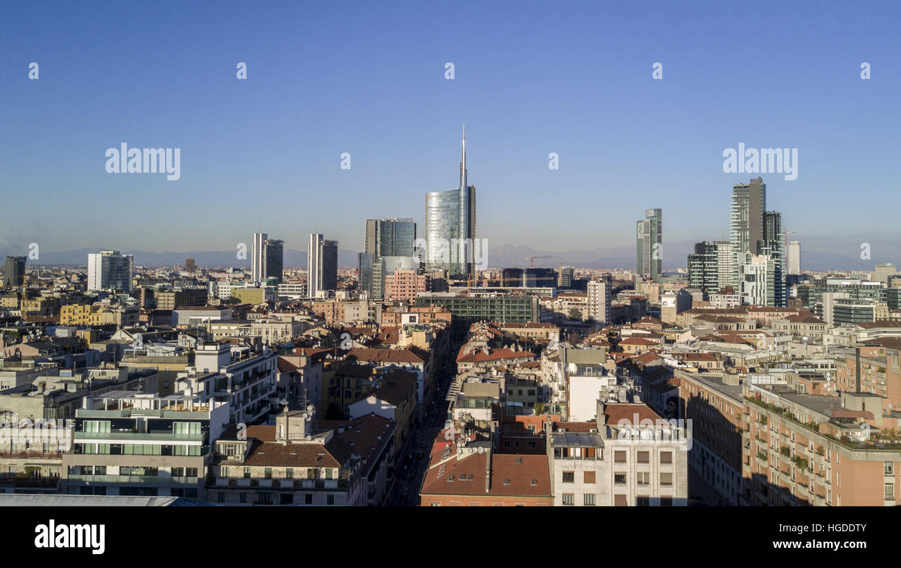 Aerial view  of the center of Milan, Unicredit Tower, Palazzo Lombardia, Solaria tower, Stock Photo