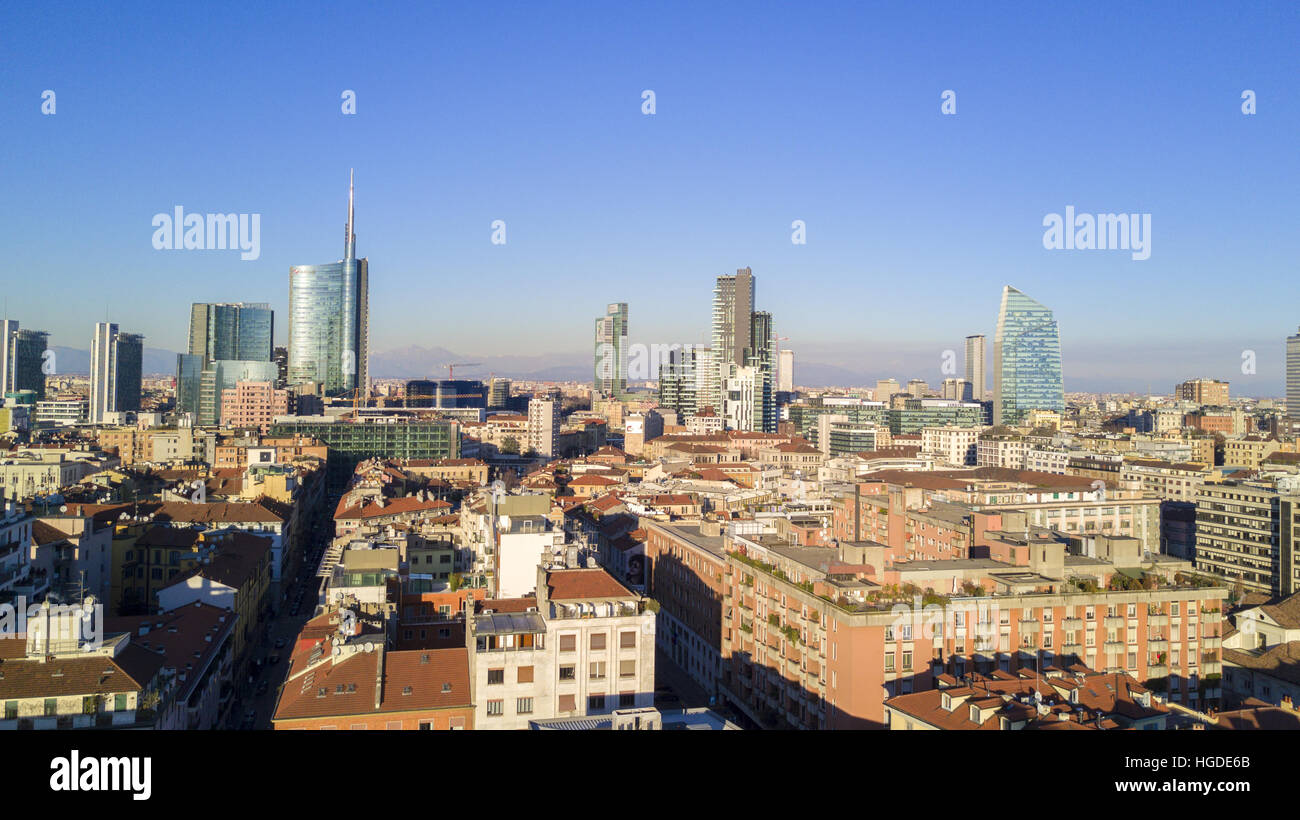 Aerial view of the center of Milan, panoramic view of the Unicredit tower, Milan, Porta Nuova residences and skyscrapers, Italy, Stock Photo