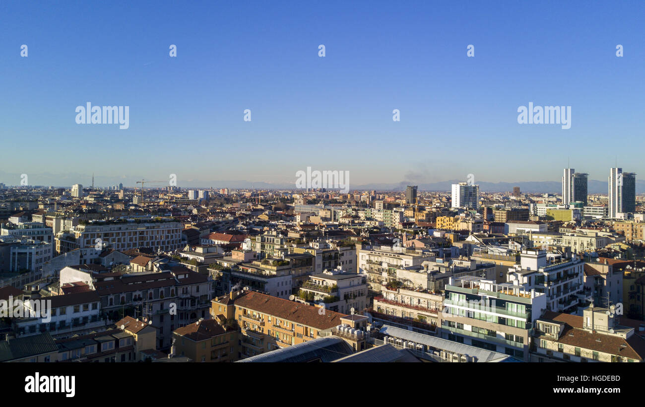 Aerial view of the center of Milan, panoramic view of the Garibaldi Station and Cimitero Monumentale, Milan, skyscrapers, Italy Stock Photo
