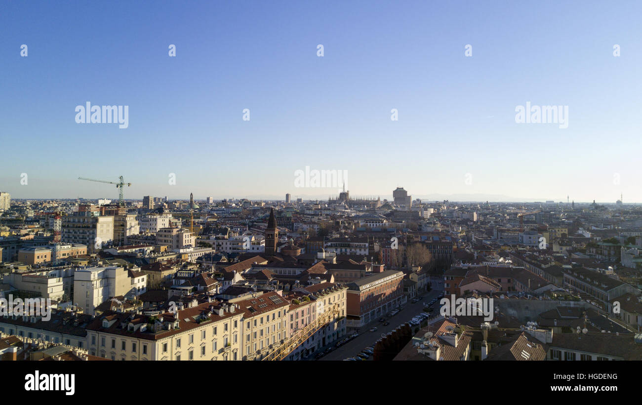 Aerial view of the center of Milan, panoramic view of the Duomo, Milan, residences and skyscrapers, Italy Stock Photo