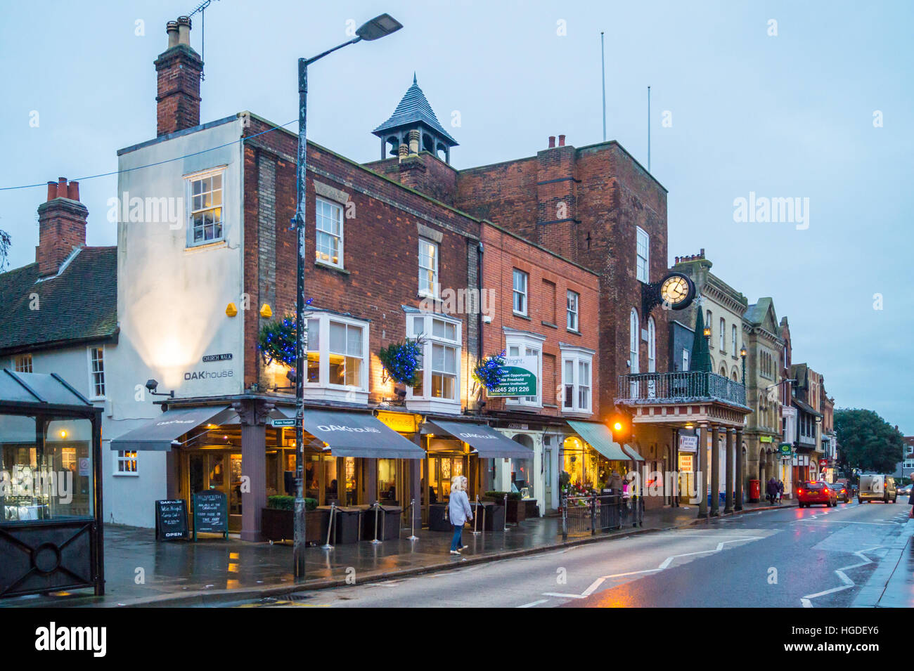 High Street and Moot Hall, 15th. century Maldon, Essex, England at dusk