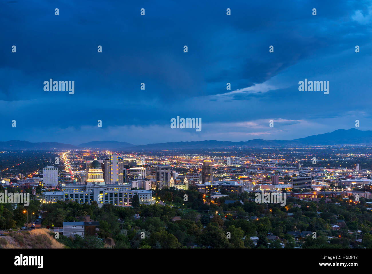 Utah, Davis County, Salt Lake City, capitol, State street and capitol at dusk Stock Photo