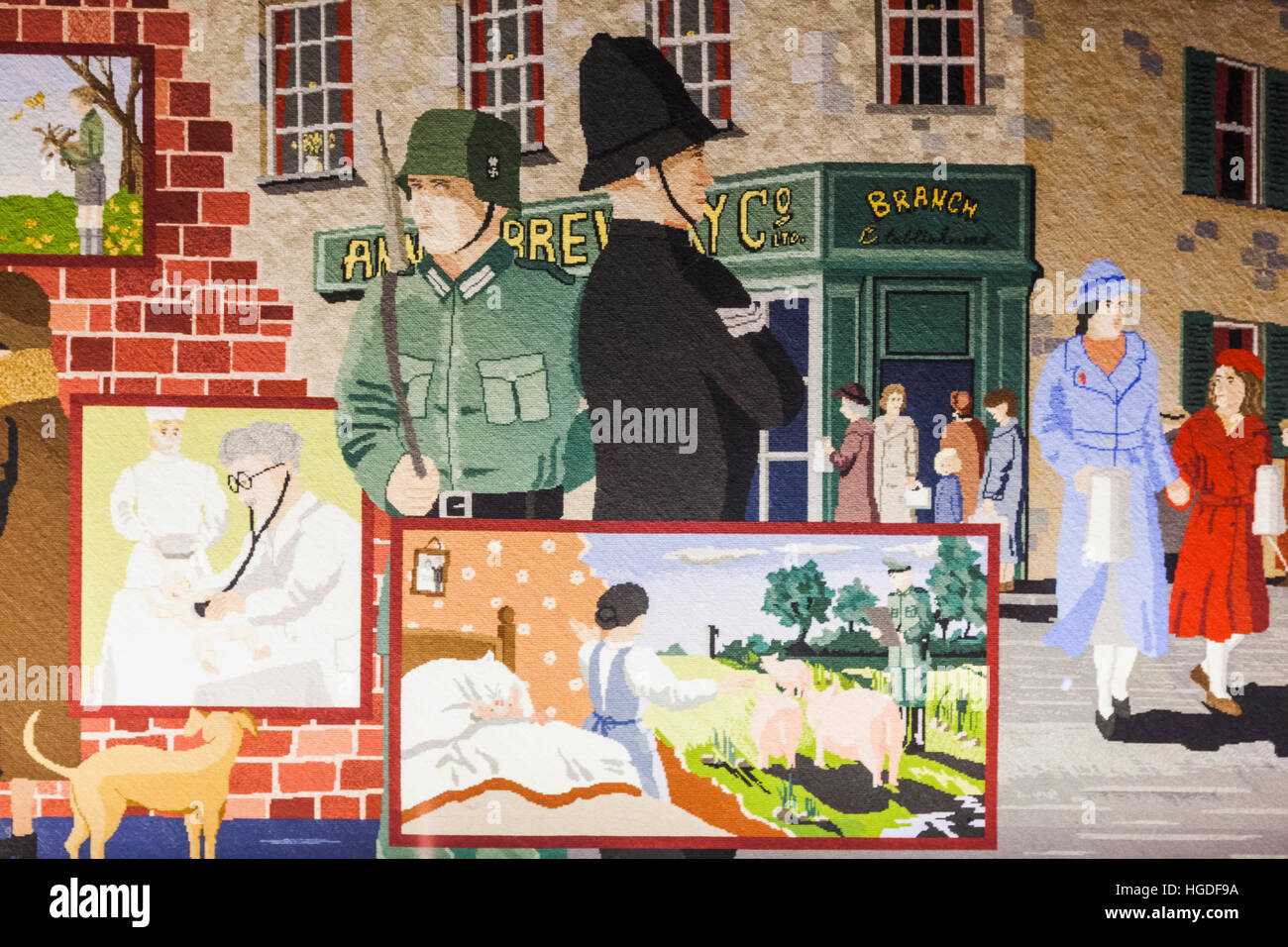 United Kingdom, Channel Islands, Jersey, St. Helier, Maritime Museum, The Occupation Tapestry Gallery, Tapestry depicting The German Occupation of Jersey in WWII Stock Photo